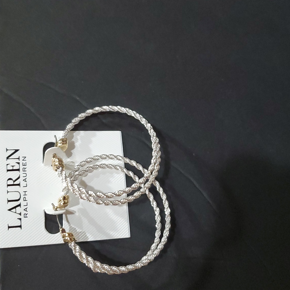 Lauren Ralph Lauren two Tone Rope Split gold and silver plated hoop Earrings new - Picture 6 of 9